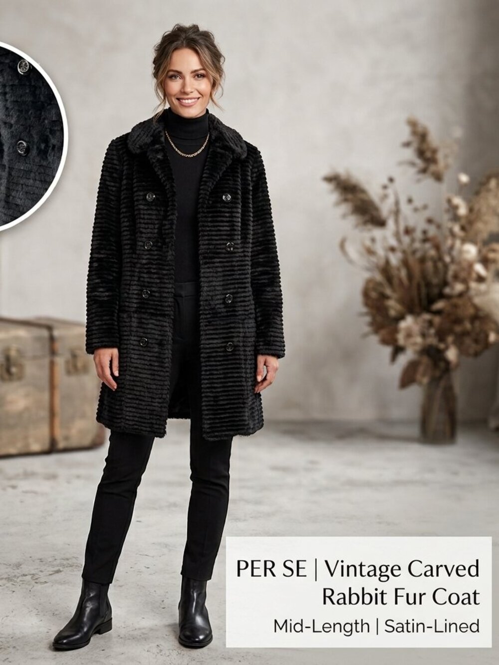 Per Se Vintage Black Carved Rabbit Fur Mid-Length Satin-Lined Coat